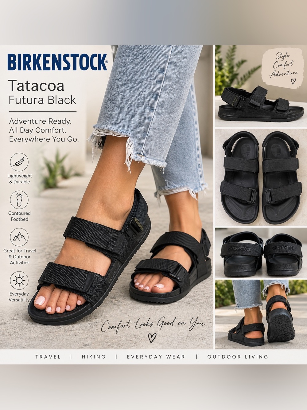 Birkenstock Tetacoa Futura Black Two-Strap Hook-and-Loop Sandals size 10 NWT
